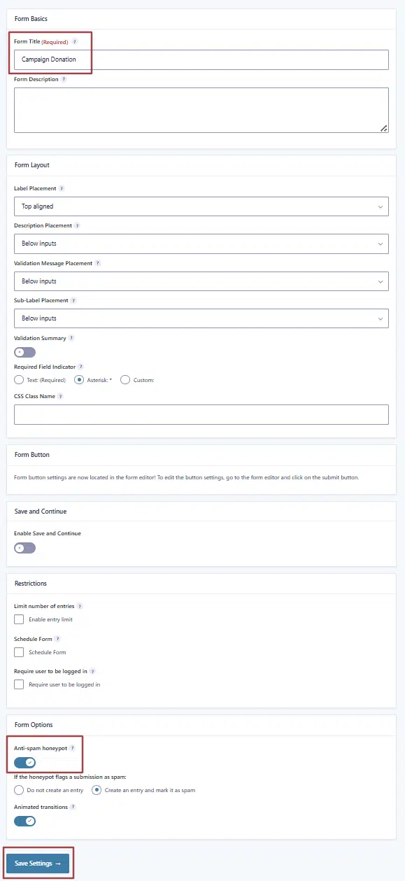 A screenshot of the Form Settings option, highlighting the Form Title field, Anti-spam honeypot field and the Save Settings button.