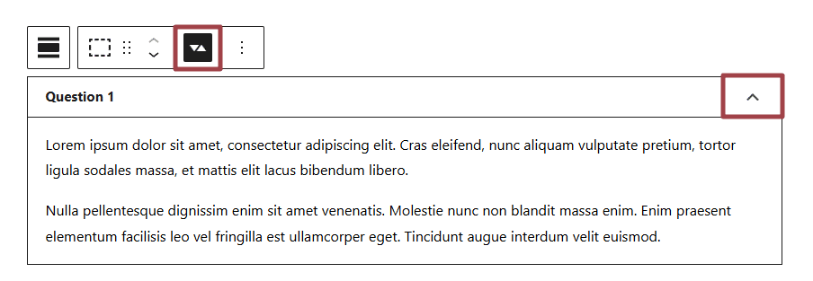 A screenshot of the Accordion block  highlighting the arrows icon