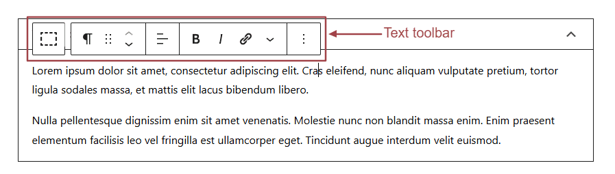 A screenshot of the Accordion block with content, highlighting the text toolbar