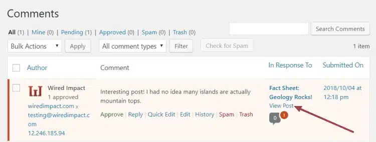 A screenshot of the Comments page highlighting the View Post hyperlink under a received comment