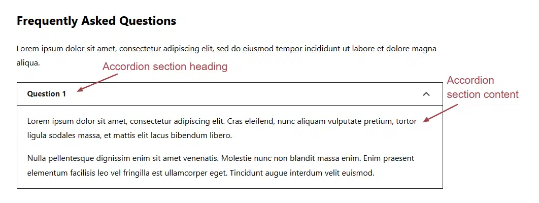 A screenshot of the Accordion section heading and Accordion section content