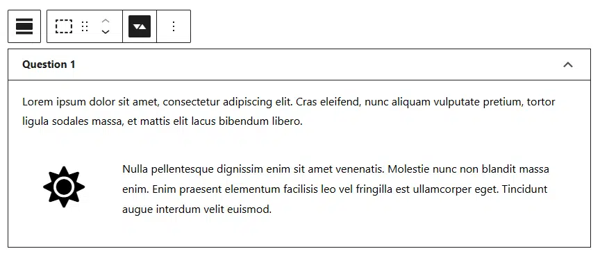 A screenshot of an Accordion block with and icon block added to it 