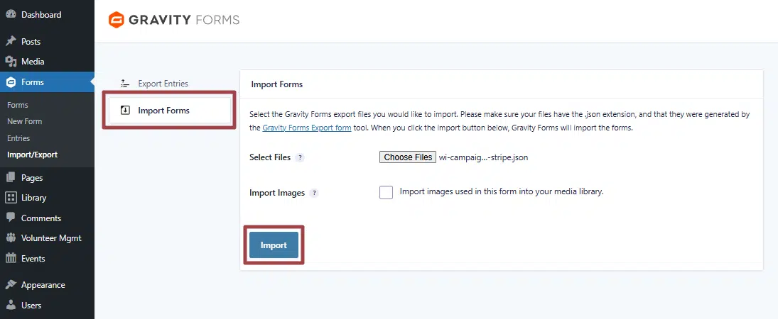A screenshot of the Forms section highlighting the Import Forms option and Import button