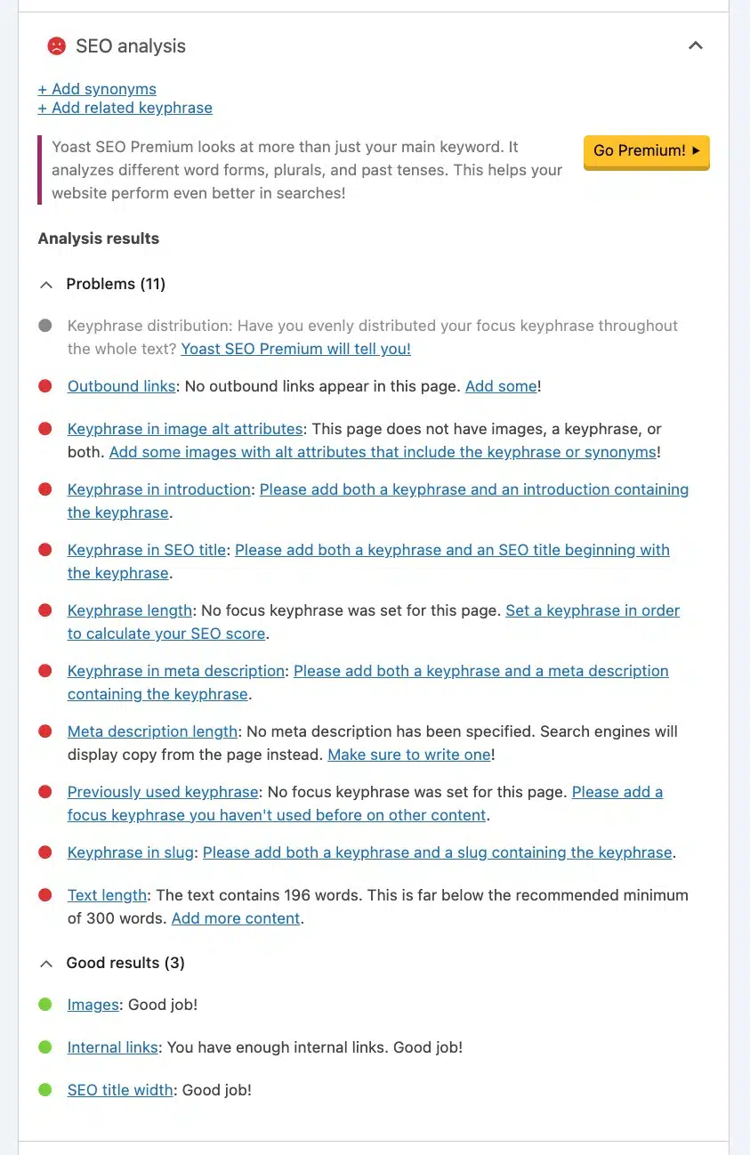 A screenshot of the Yoast SEO Analysis in the back end of a website