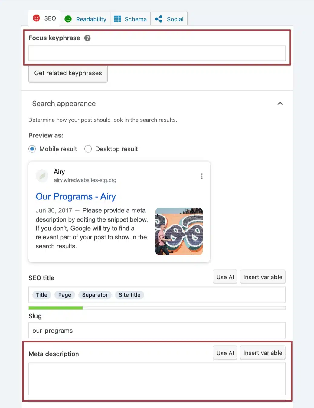 A screenshot of the Yoast SEO section of a page in the back end of a website, highlighting the Focus Keyphrase field and the Edit Snippet button