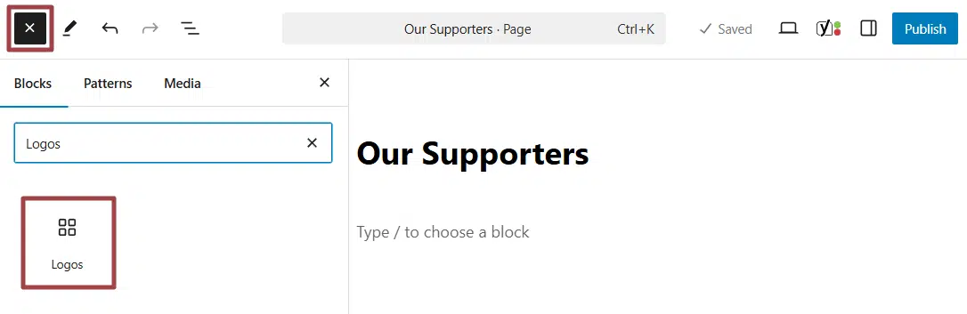 A screenshot highlighting  the Logos block option