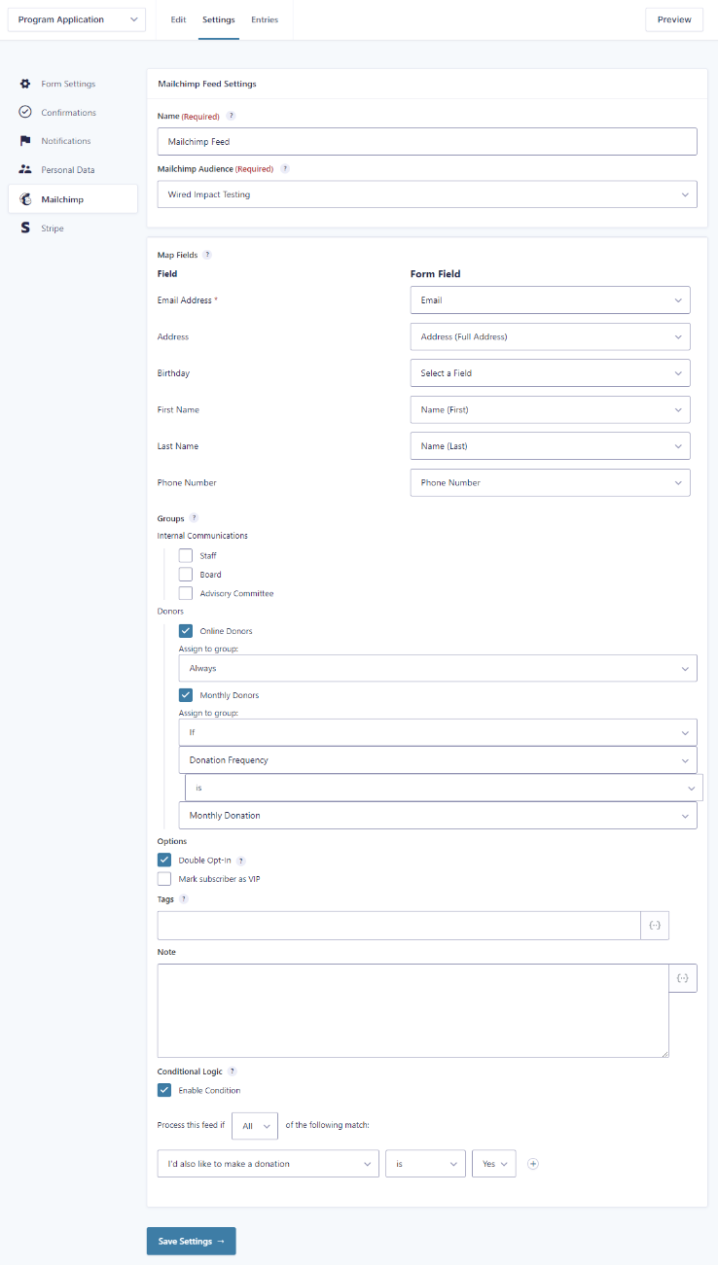 Screenshot of a completed Mailchimp feed in Gravity Forms