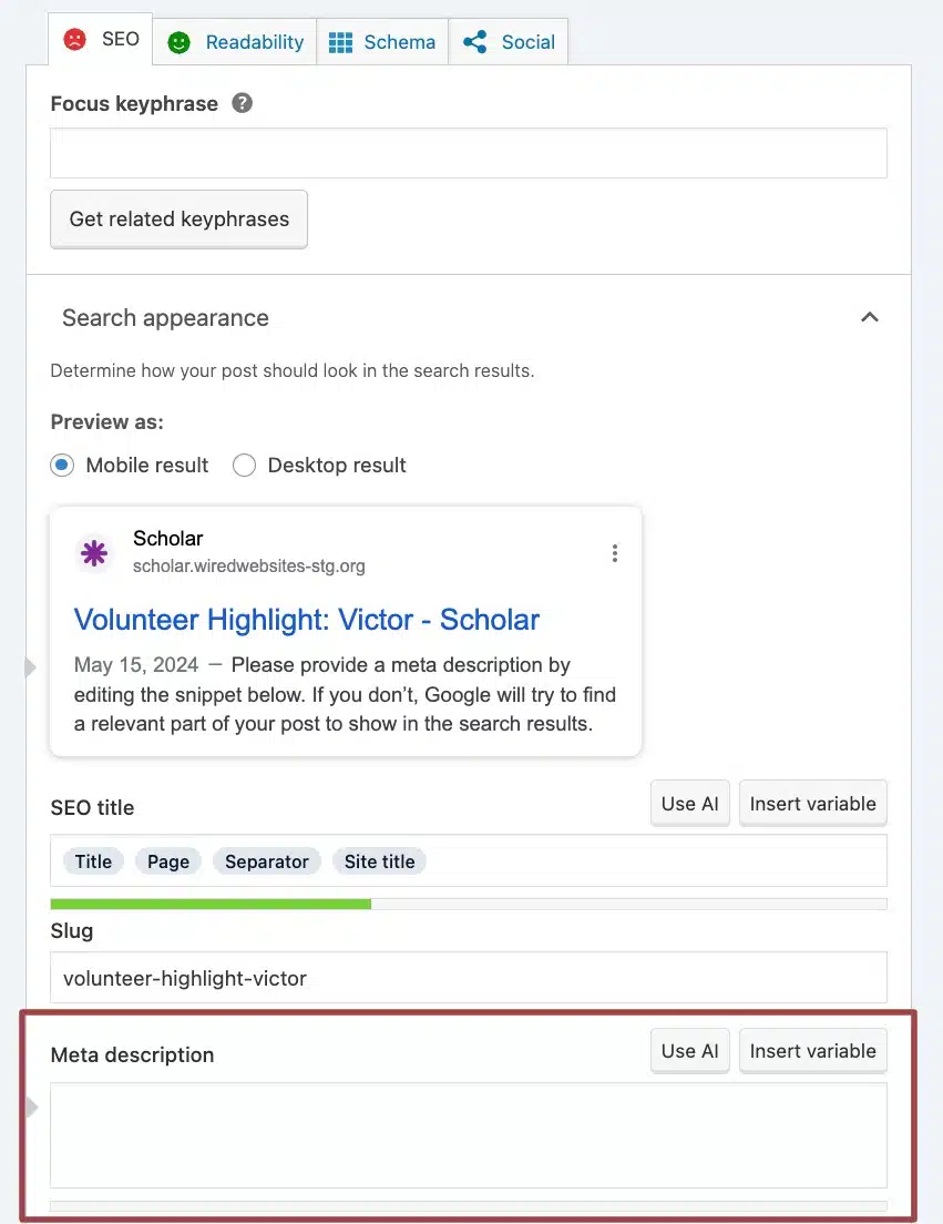 A screenshot of the Yoast SEO plugin, highlighting the "Meta description" field