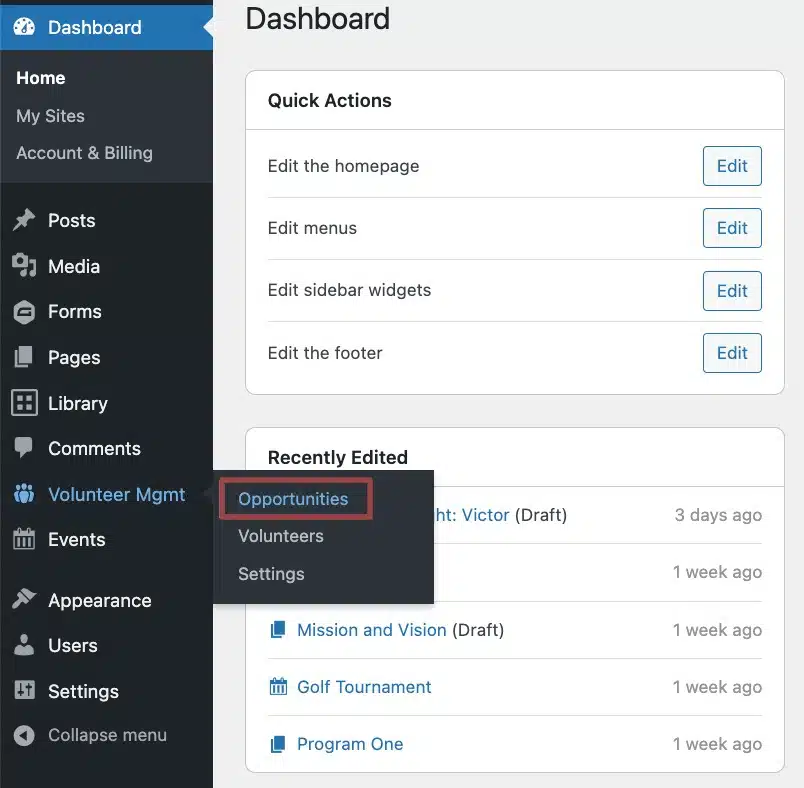 A screenshot of the back end of a website highlighting the Volunteer Management section in the left-hand admin menu