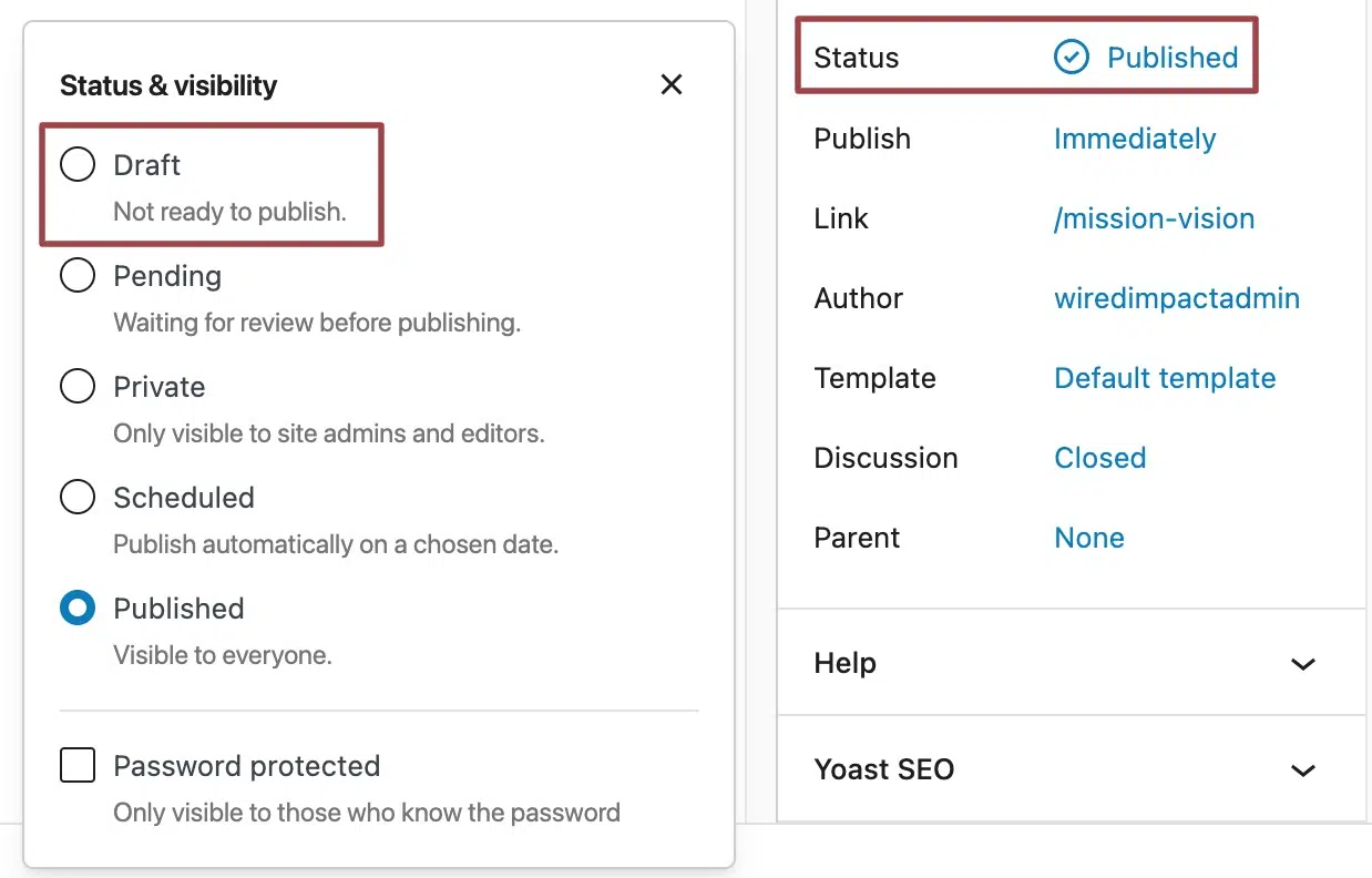 Screenshots of the WordPress editor highlighting the Status field and the pop-out menu where the Status & visability can be changed to Draft.