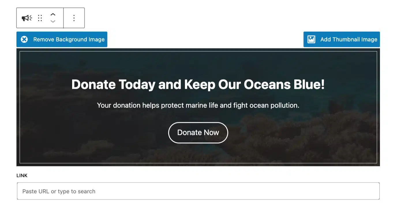 A screenshot of a Call to Action block with a background image.