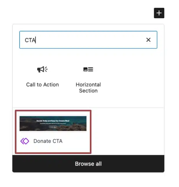 A screenshot of the block library highlighting the Donate Call to Action block icon.
