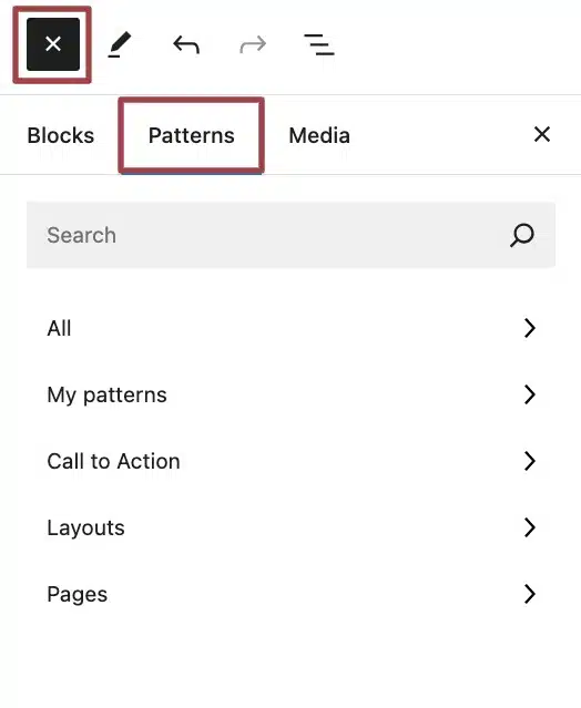 A screenshot of the block inserter highlighting the patterns tab.
