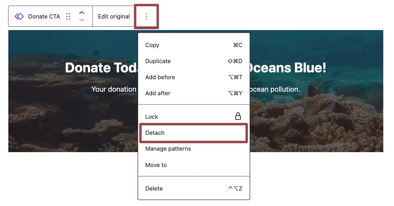 A screenshot of a Donate CTA block's options highlighting the 'Detach Pattern' feature.