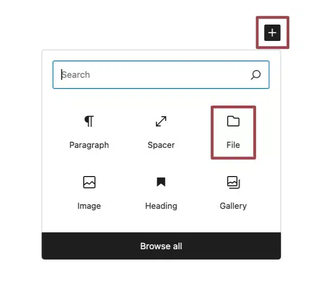 A screenshot of the block selector, highlighting the "file" block