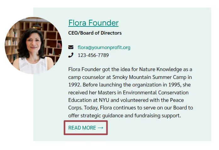 A screenshot of a Person Block in the front end of a website highlighting the Read More link 