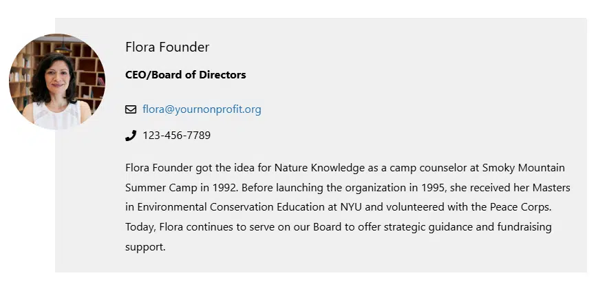 A screenshot of a person block in the front end of a website, labelling the type of details to add on each part