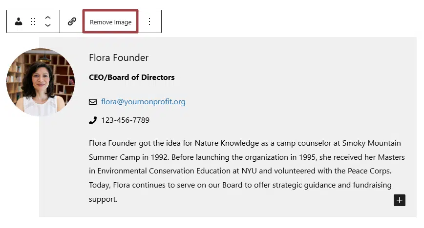 A screenshot of a Person Block in the front end of a website highlighting the Remove Image button 
