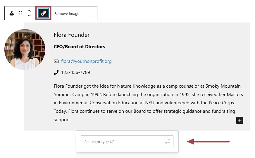 A screenshot of a Person Block in the front end of a website pointing at the link icon in the toolbar and where to add the URL
