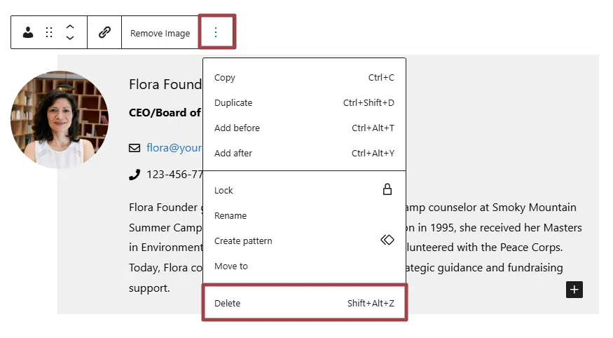 A screenshot of a Person Block highlighting the Remove Block option in the block settings in the toolbar above the block