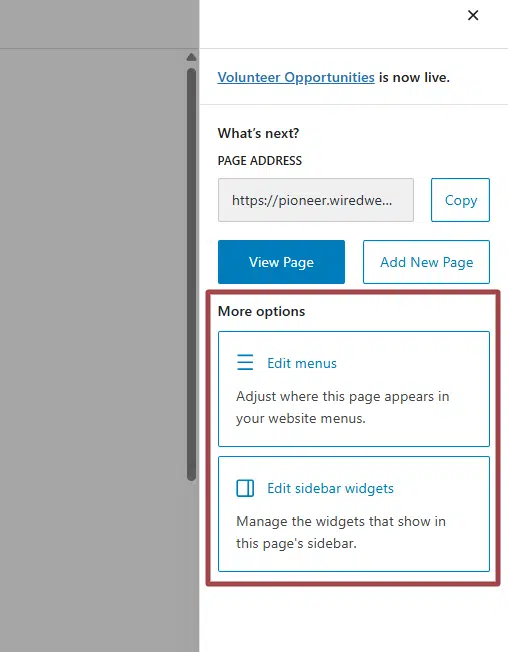 A screenshot illustrating the menus and sidebar widget shortcut options after a new page is published
