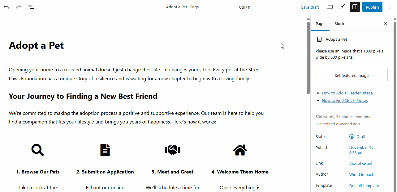 An animated GIF showing a user clicking the "Publish" button in the WordPress editor. A pre-publish panel slides out, showing a suggested parent page and a toggle to show the page in the Our Programs menu.