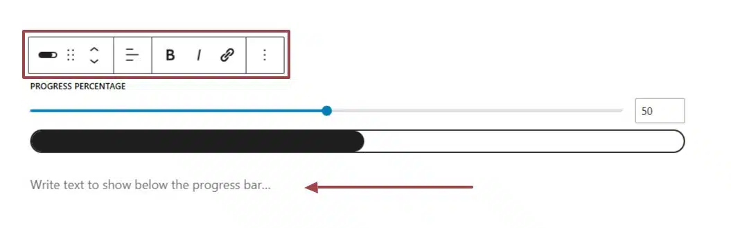 A screenshot of the progress bar block highlighting the icon for formatting the text and where to add optional text