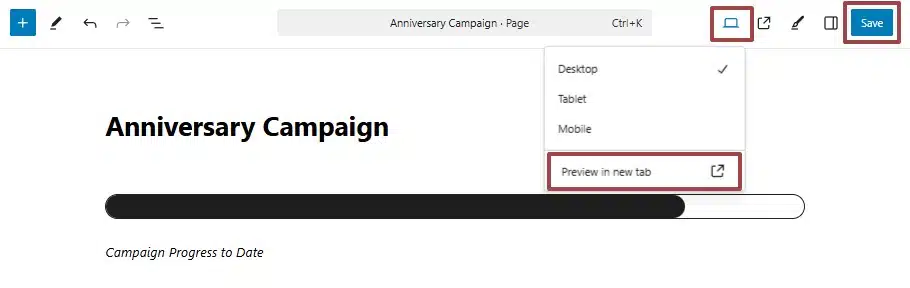 A screenshot of the progress bar highlighting the Preview and Save button in the upper right-hand corner of the screen