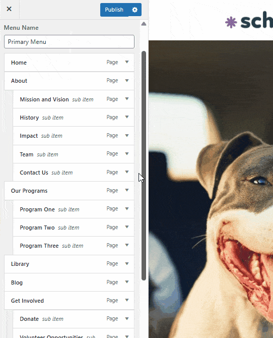 A GIF demonstrating how to remove a page from the website navigation through the customizer.