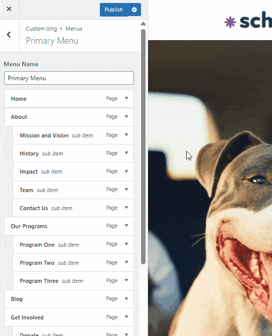A GIF demonstrating how to change the navigation label of a page your menu through the customizer.