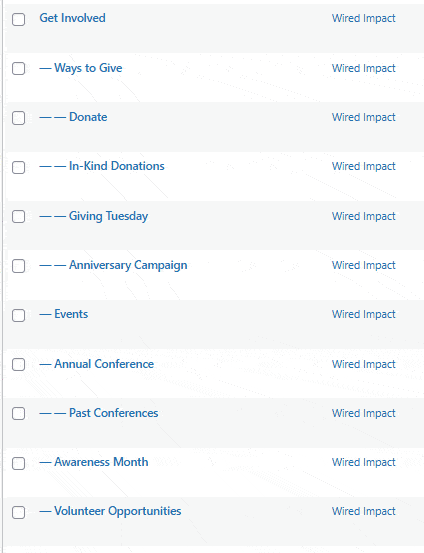 A GIF demonstrating how to adjust the order in which pages are shown in the Pages section in the back end of a website