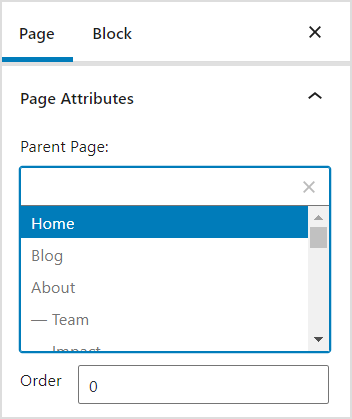 A screenshot of the "page attributes" section in the right sidebar