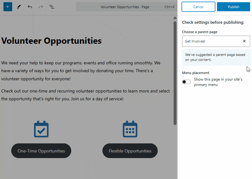 A GIF illustrating how to use the "Menu placement" setting to add a new page to the primary navigation when publishing