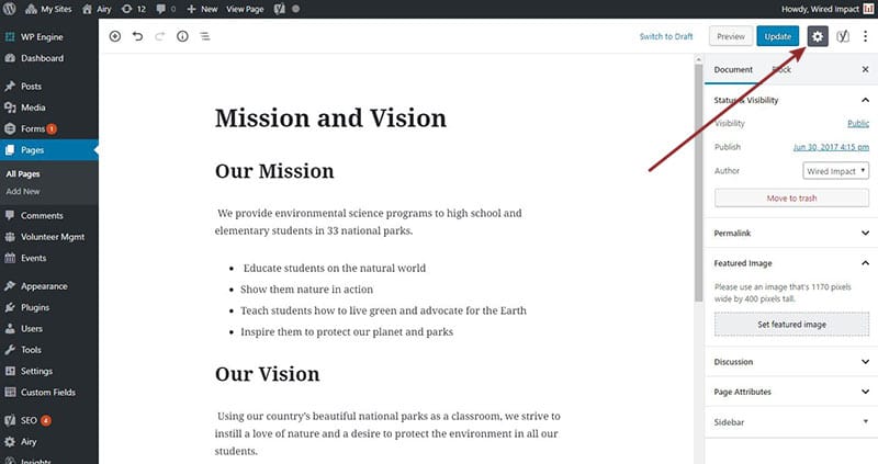 A screenshot of the Mission and Vision page in the back end of a website pointing at the settings icon 