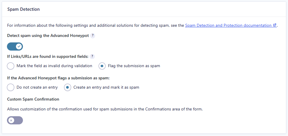 A screenshot of the Spam Detection settings panel.