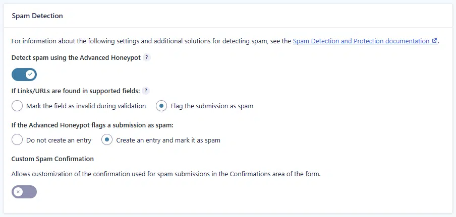 A screenshot of the Spam Detection section on a form's settings screen.