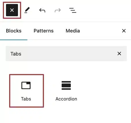 A screenshot of the Layout Elements highlighting the Tabs block icon