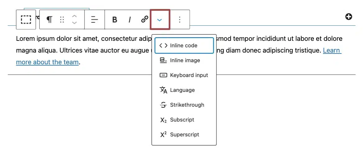 A screenshot of the content section of a tab pointing at the Alignment and Additional Options icons in the different styling tools