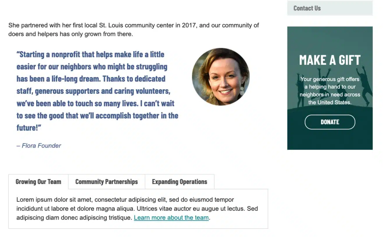A screenshot of a tab block on a page in the front end of a website