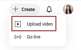 A screenshot of a section of a YouTube account highlighting the Upload Video option 