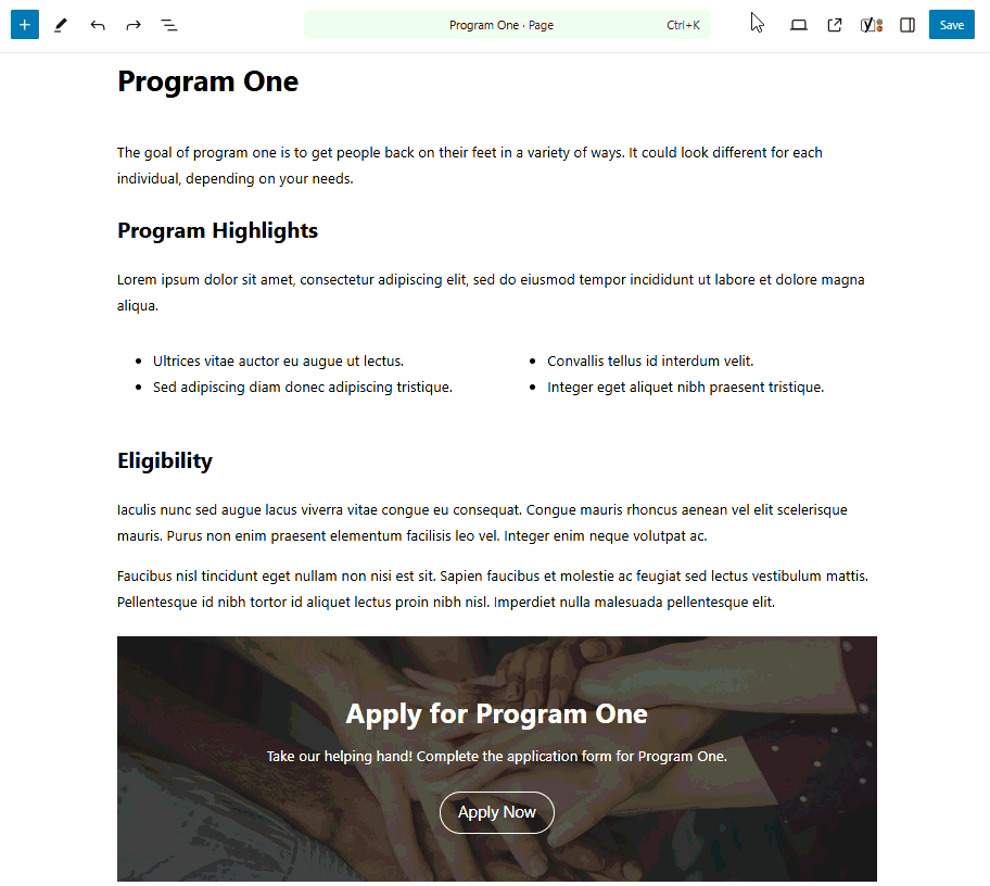 A GIF demonstrating how to add a YouTube block into the page content at the back end of a website 