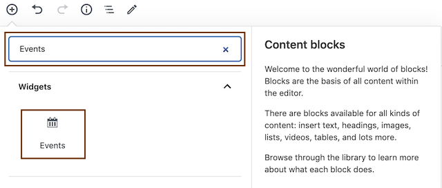 A screenshot showing how to add events block in the back end of any page in a website