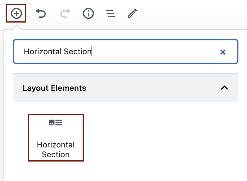 A screenshot of the Layout Elements highlighting the Horizontal Section block icon