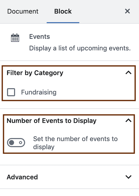 A screenshot of the event block settings highlighting the filter categories