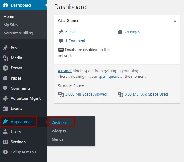 A screenshot of the Dashboard in the back end of a website highlighting the Customize option in the Appearance section of the admin menu