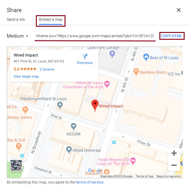 A screenshot of the selected location address on the Google  Map highlighting the Embed a map option and the Copy HTML link at the top of the map