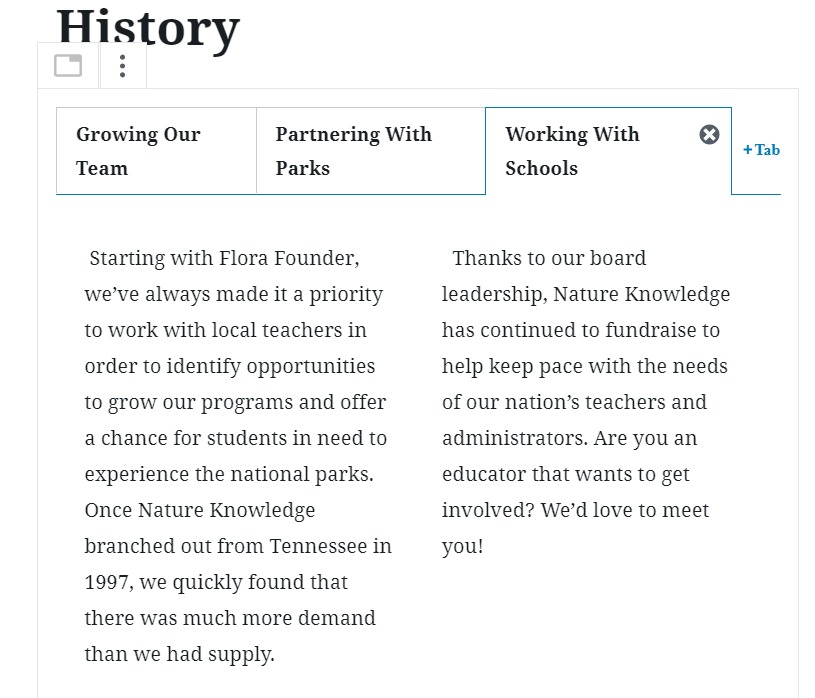 A screenshot of a tab block with content added to it
