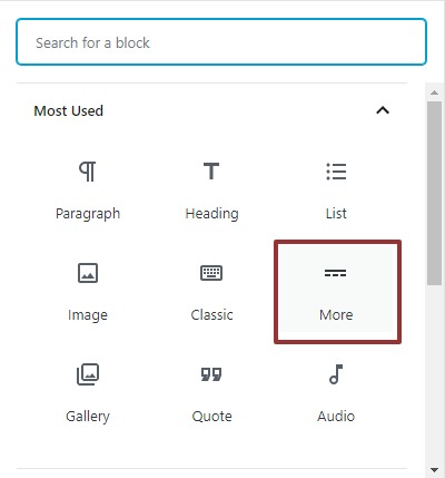 A screenshot of block options, highlighting the More block