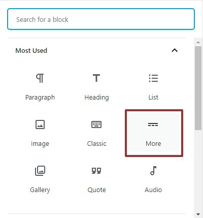 A screenshot of block options, highlighting the More block