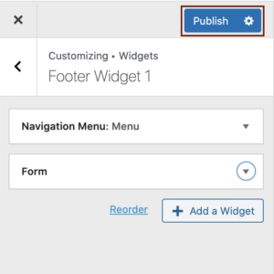 A screenshot of widgets under the customize menu, highlighting the Publish button